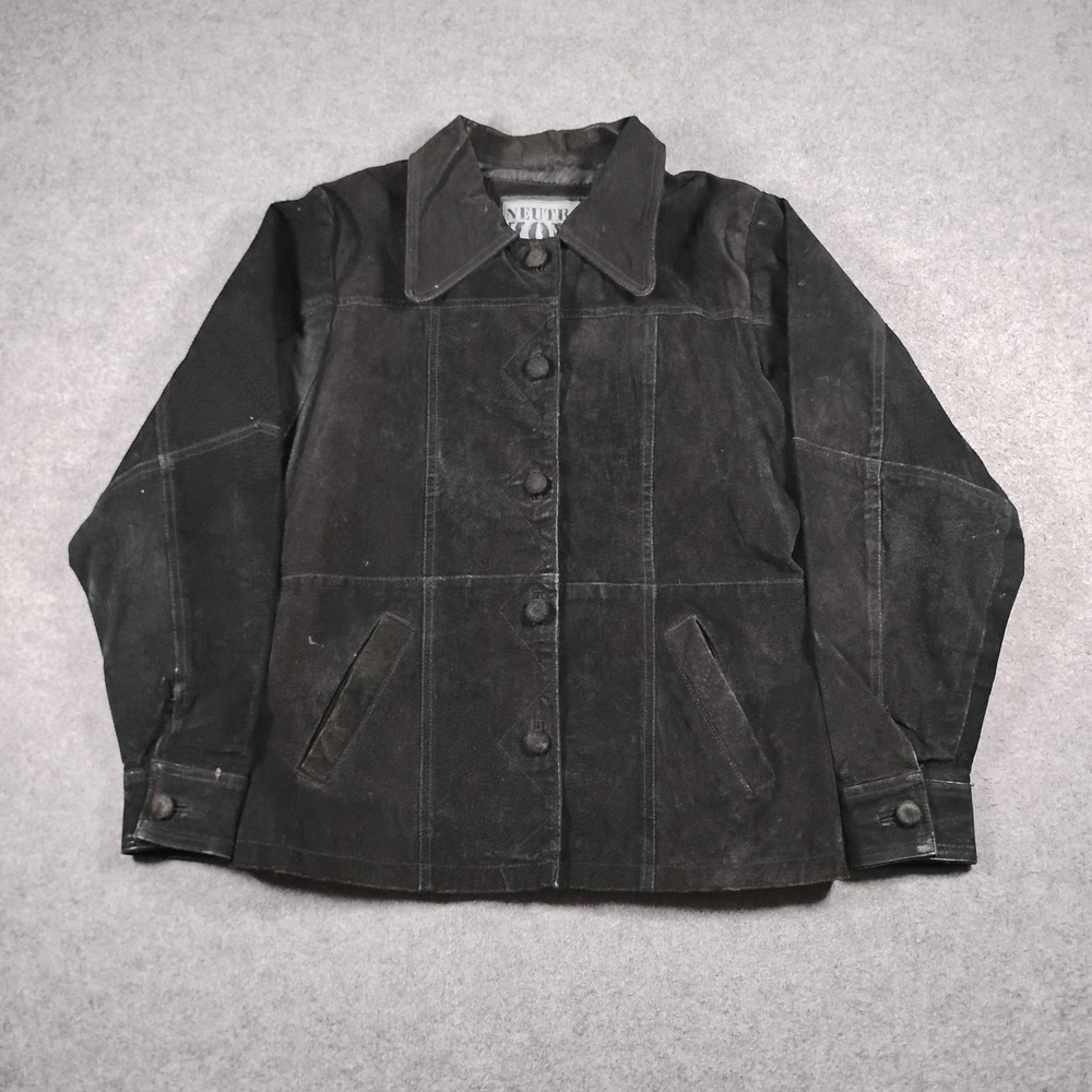 Neutral Zone Women's Vintage Black Suede Leather Button Up Point Collar Jacket L